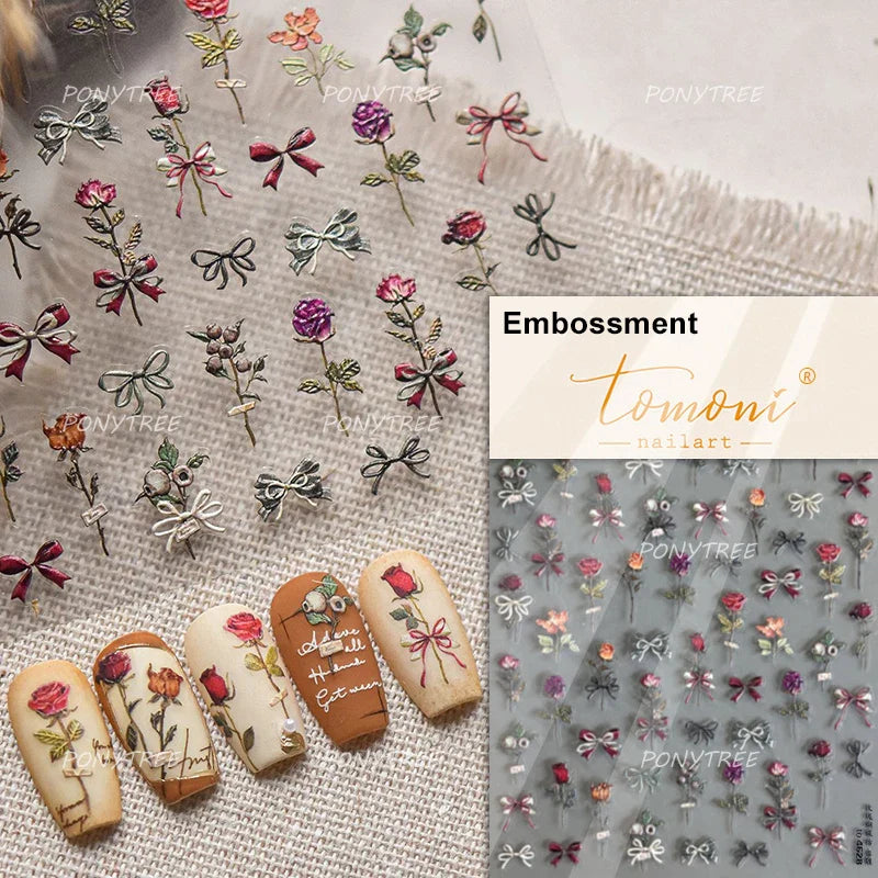 Pink Cherry Blossoms Peach Flower Petal Green Leaf Greenery 5D Embossed Relief Self Adhesive Nail Art Sticker 3D Manicure Decals (ONLINE ORDER ONLY)