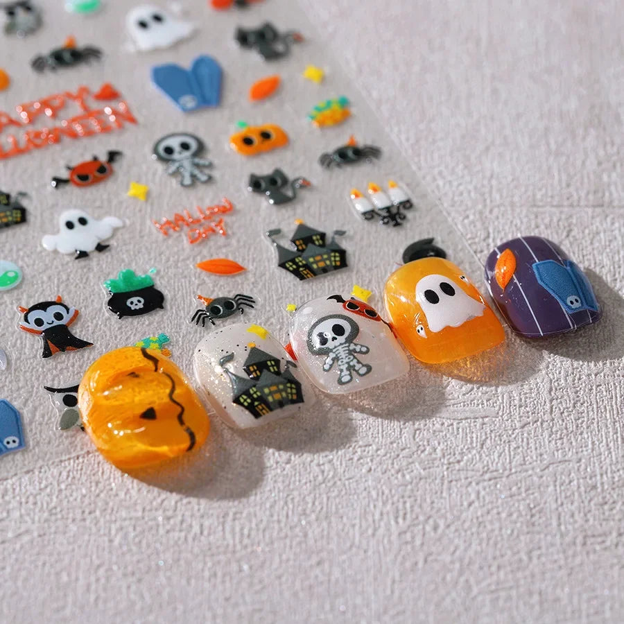 Halloween Ghost Pumpkin Bat Coffin Cat Spider Demon Jelly Self Adhesive Nail Art Sticker Terrifying Candy Candle Manicure Decals (ONLINE ORDER ONLY)