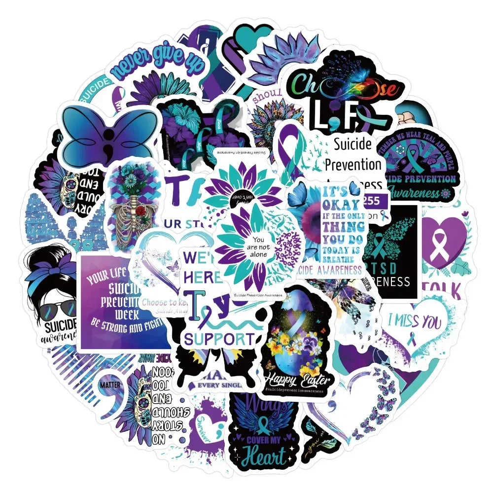 50/100Pcs Suicide Awareness Stickers Teal Purple Ribbon Suicide Prevention Waterproof Decals for Water Bottle Laptop Phone (ONLINE ORDER ONLY)