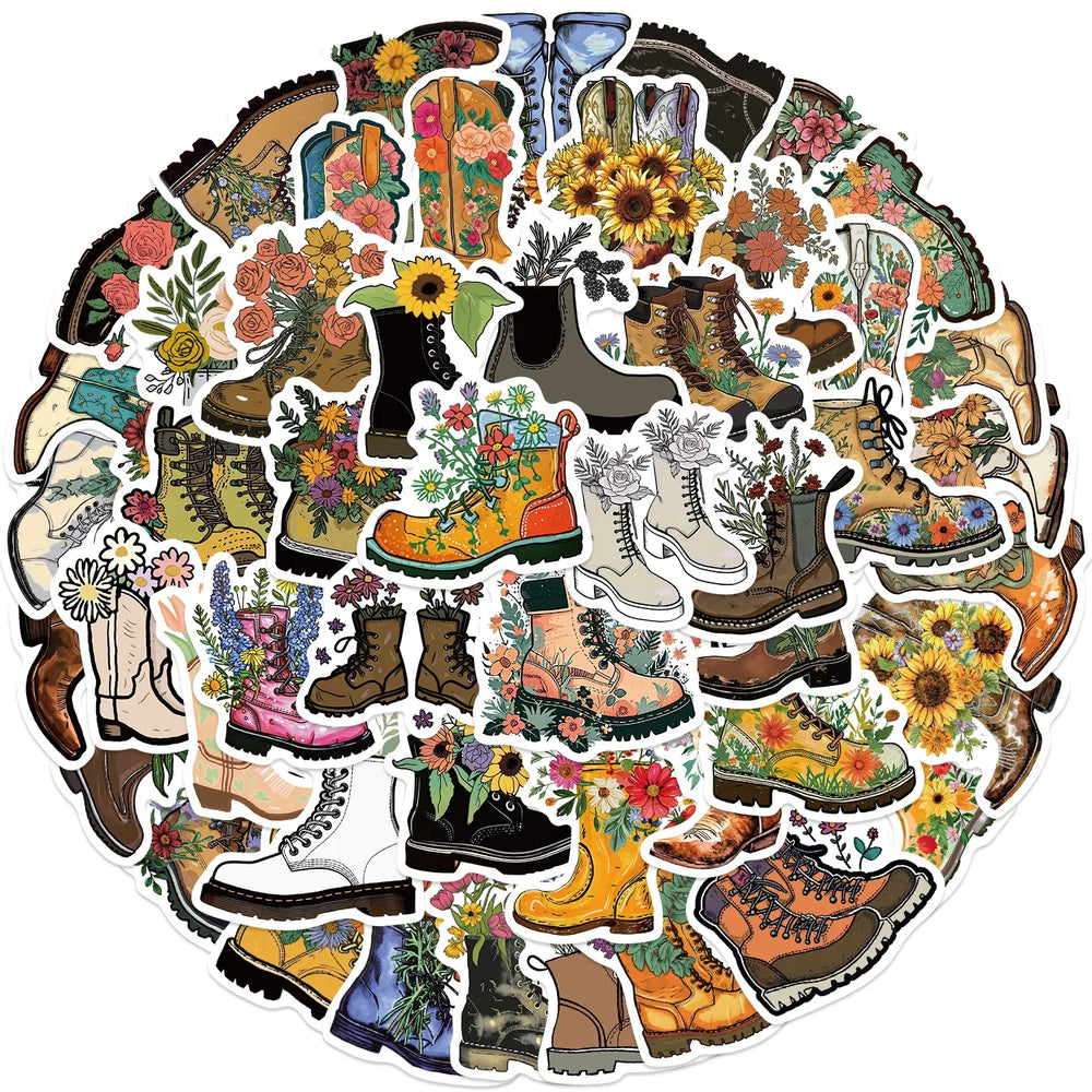 50pcs Vintage Flowers Boots Graffiti Stickers  DIY Scrapbooking  Waterproof Sticker For Laptop Phone Guitar Luggage (Online Order Only)