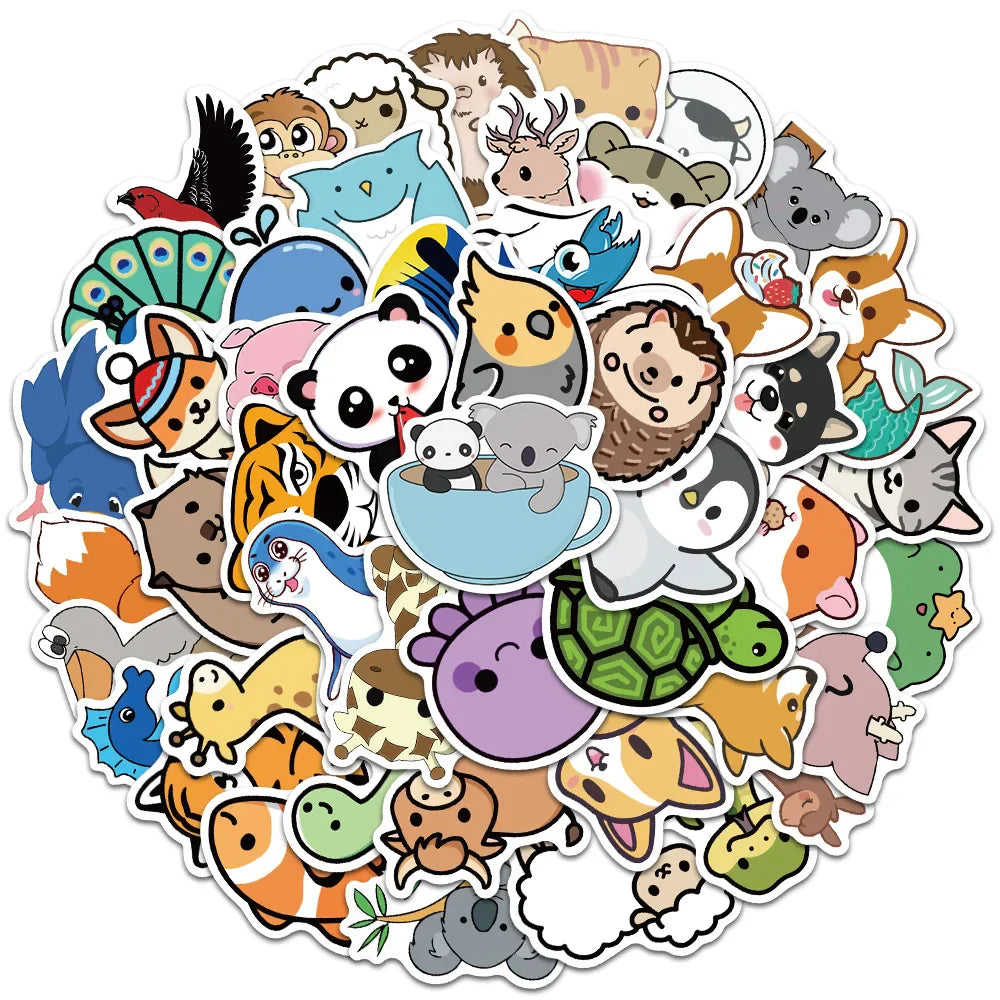 50pcs Cute Animal Stickers Waterproof Laptop Phone Case Guitar Skateboard Notebook (Online Order Only)