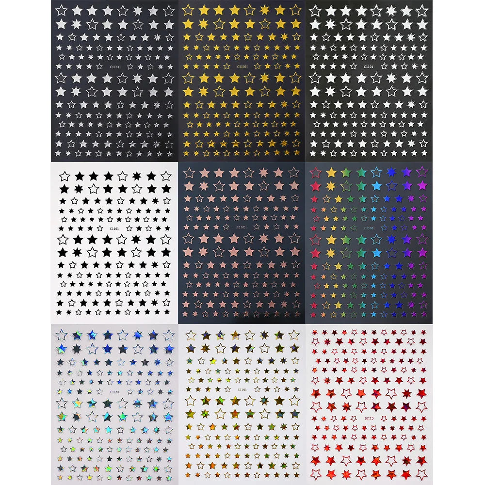 9Pcs 3D Sliver Stars Nails Stickers Bronzing Star Nail Art Decals For DIY Nail Art Decoration Self Adhesive Nail Manicure Parts* (Online Order Only)