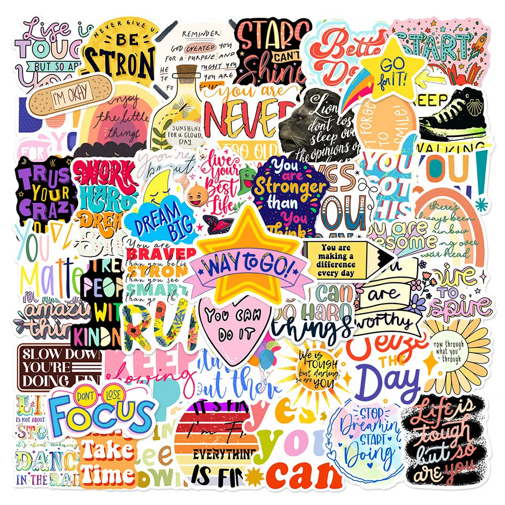 Motivational Cartoon Stickers Decals for Laptop, Guitar, Suitcase, Phone, Car, Kid Toy - 10/30/52pcs (Online Order Only)