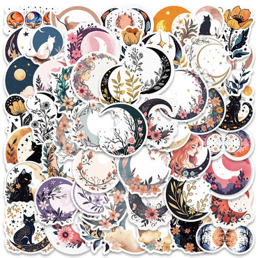 10/50pcs Cute Moon Flower Black Cat Stickers Aesthetic Decals DIY Skateboard Guitar Suitcase Freezer Motorcycle Graffiti Sticker (ONLINE ORDER ONLY)