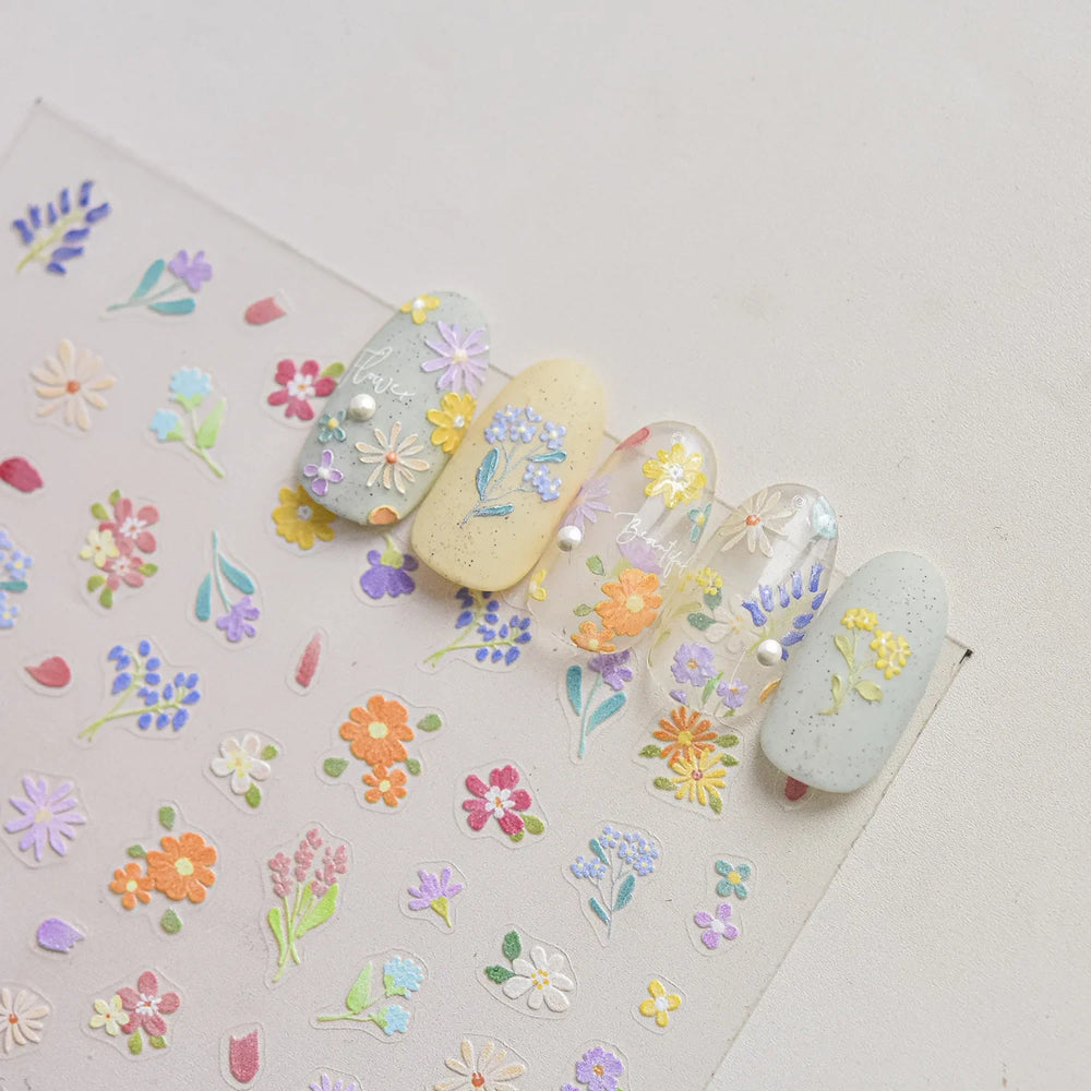 Wild Flower Oil Painting Small Variegated Daisy Peach Blossom Lavender Spring Petal Adhesive Nail Art Stickers Manicure Decals (Online Order Only)
