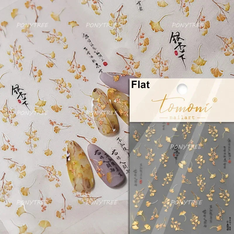 Hot Stamping Silver Rose Gold Tender Leaf Branches Flower Slash Leaves Maple Leaves Ginkgo Plant Flower Nail Art Stickers Decals (ONLINE ORDER ONLY)