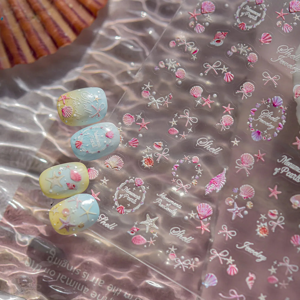 Pink Star Oceanic Shell Starfish Conch Bowknot Embossment Shiny Delicate 5D Chic Self Adhesive Nail Art Stickers Manicure Decals (Online Order Only)