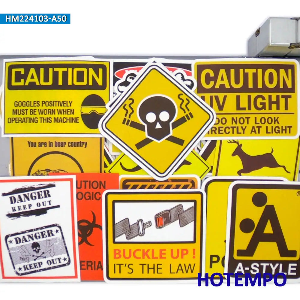 50Pieces Danger Warning Stop Signs Funny Risk Tip Spoof Slogans Waterproof Stickers for Motorcycle Car Bike Phone Laptop Sticker (Online Order Only)