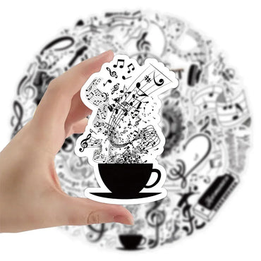 10/53Pcs Black White Music Note Graffiti Sticker DIY Waterproof Piano Phone Case Notebook Guitar Car Bike Wall Graffiti Decals (ONLINE ORDER ONLY)