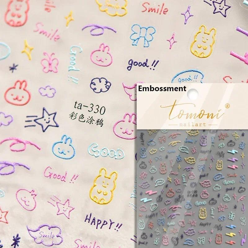 Dog Rabbit Line Bunny Footprint Bowknot Heart Cake Strawberry Flowers Bone Graffiti Adhesive Nail Art Stickers Manicure Decals (ONLINE ORDER ONLY)