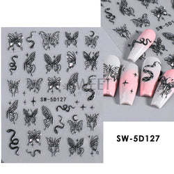 5D Hibiscus Flower Nail Embossed Sticker Acrylic White Pink Petal Leaf Adhesive Decal Butterfly Dragon Floral Elegant Decor Foil (Online Order Only)