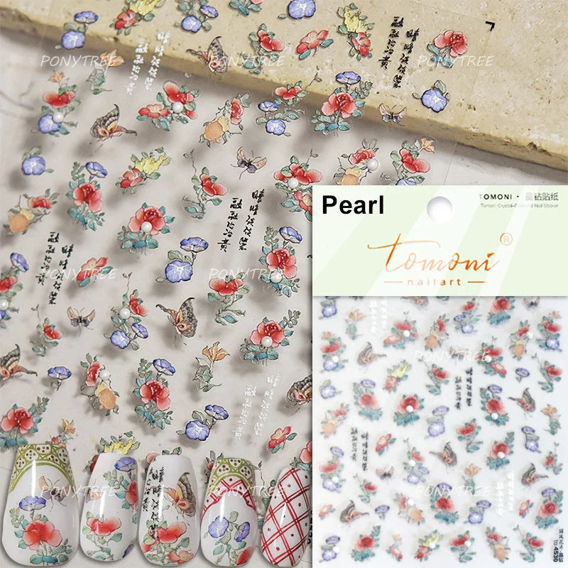 Retro Chinese Characters Charming Rich Peony Delicate Rose Flowers Soft Relief Adhesive Nail Art Stickers Chic Manicure Decals (ONLINE ORDER ONLY)