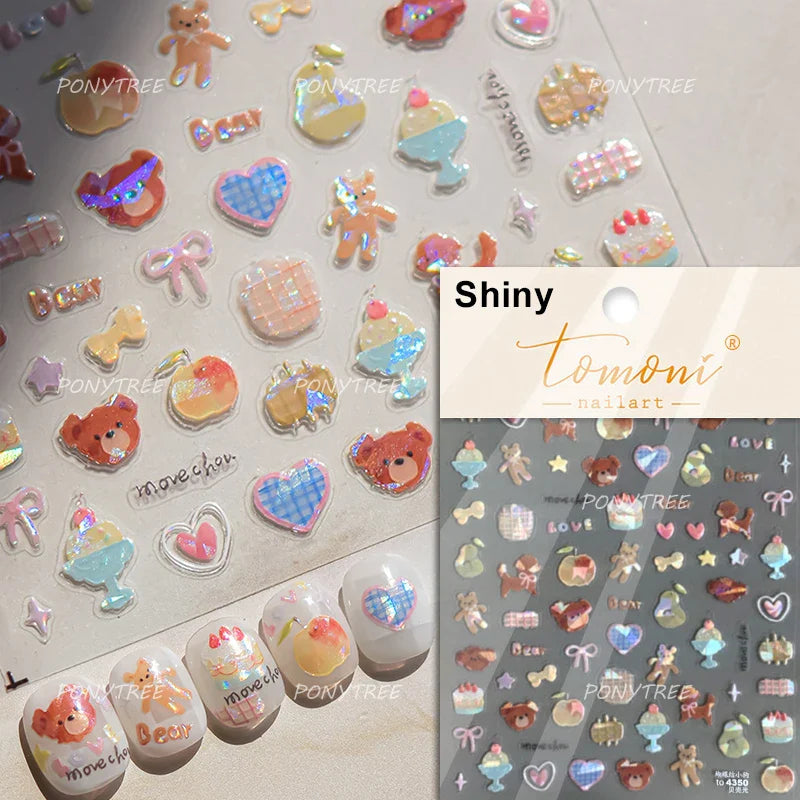 Lovely Bear Strawberry Cake Rose Flower Grid Block Bowknot Embossed Relief Self Adhesive Nail Art Sticker Cute 3D Manicure Decal (ONLINE ORDER ONLY)