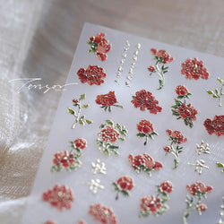 Retro Chinese Characters Charming Rich Peony Delicate Rose Flowers Soft Relief Adhesive Nail Art Stickers Chic Manicure Decals (ONLINE ORDER ONLY)