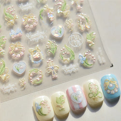 Spring Pink Lily of The Valley Flowers Blooming Blue Bowknot Heart 5D Soft Relief Self Adhesive Nail Art Sticker Manicure Decals (Online Order Only)