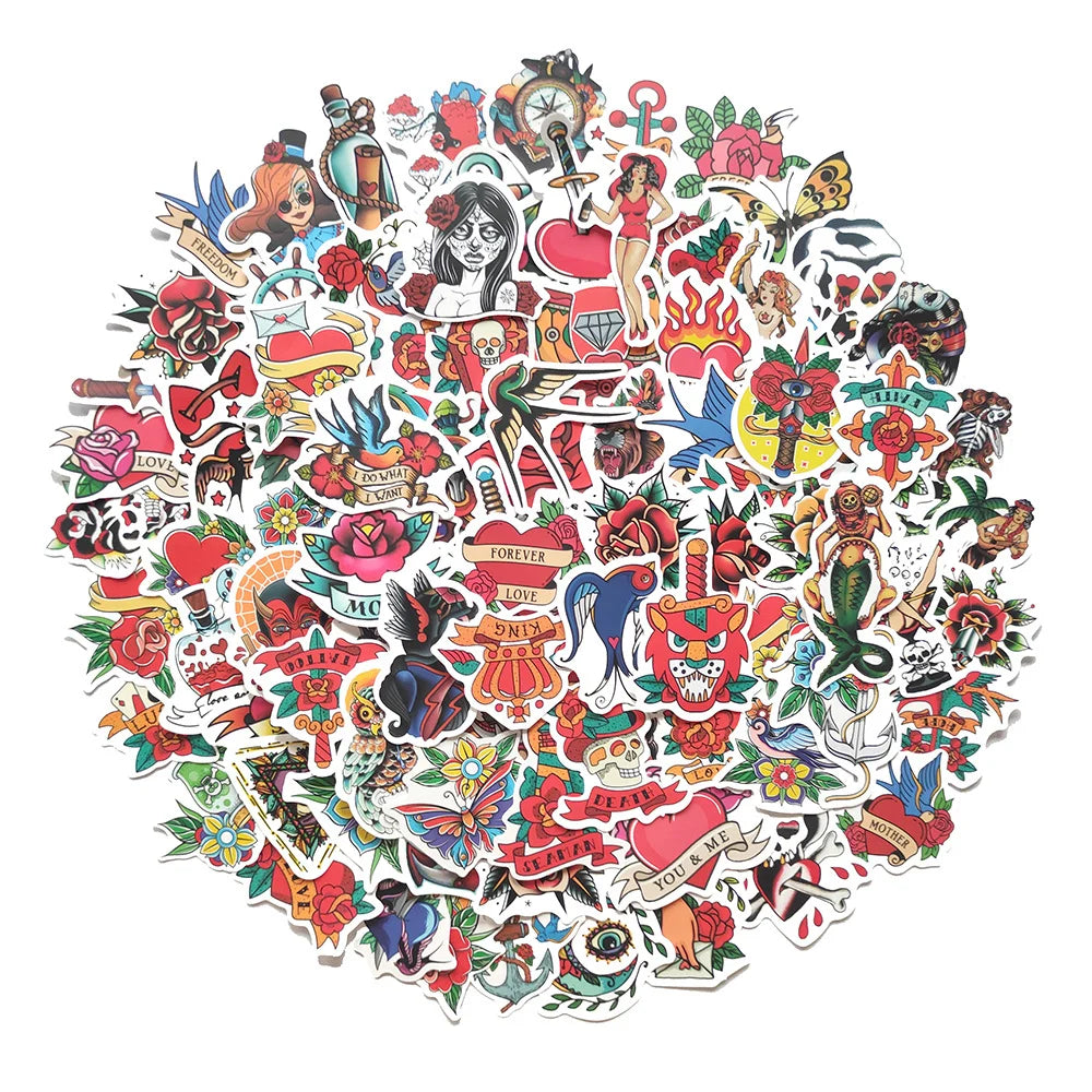 50/100Pcs Retro Old School Tattoo Style Sticker Refrigerator Skateboard Trolley Case Decals Backpack Tables Waterproof Sticker (Online Order Only)