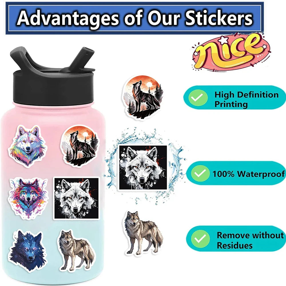 50pcs Wolf Collection Stickers Cartoon DIY Skateboard Phone Case Laptop Waterproof Cool Dark Animal Sticker Decals Toy (Online Order Only)