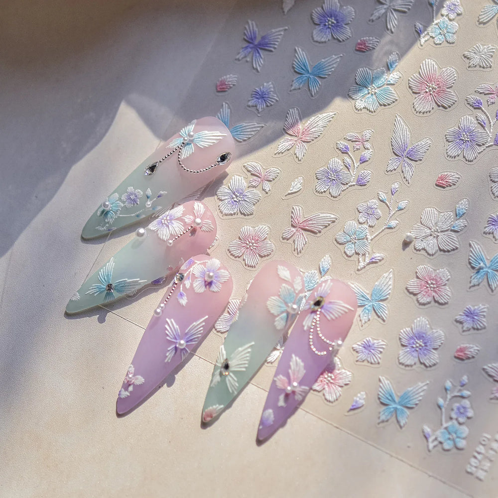 Embroidered Butterfly Flower Colourful Gradient Morning Glory Leaves Self Adhesive Nail Art Stickers Rhinestone Manicure Decals (ONLINE ORDER ONLY)