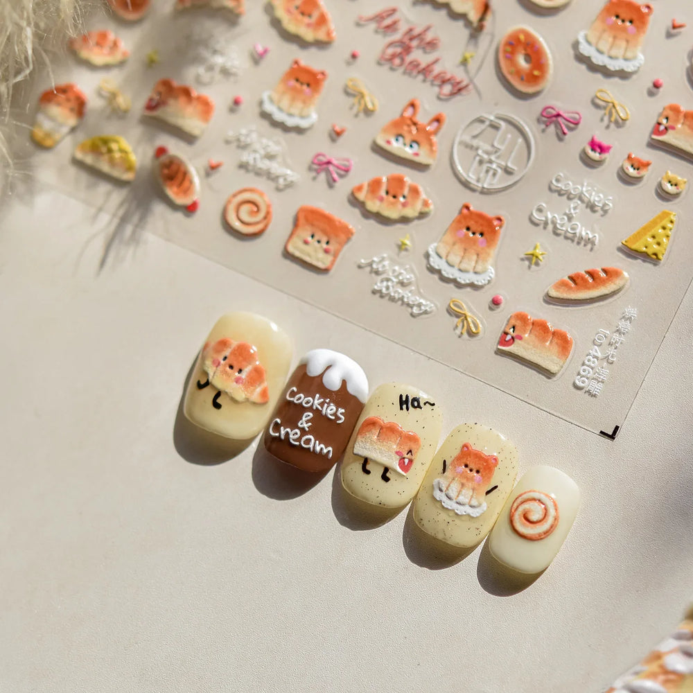 Cute Baking Cookies Bread Bread Cheese Pudding Chocolate Croissant Doughnut Adhesive Nail Art Decoration Sticker Manicure Decals (ONLINE ORDER ONLY)