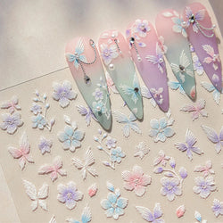 Embroidered Butterfly Flower Colourful Gradient Morning Glory Leaves Self Adhesive Nail Art Stickers Rhinestone Manicure Decals (ONLINE ORDER ONLY)