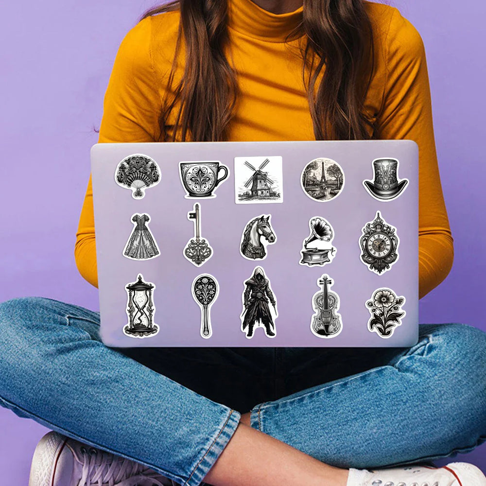 50PCS Black And White Medieval Style Sticker Graffiti Personality Trend Guitar Water Cup Computer Suitcase Sticker Wholesale﻿ (ONLINE ORDER ONLY)