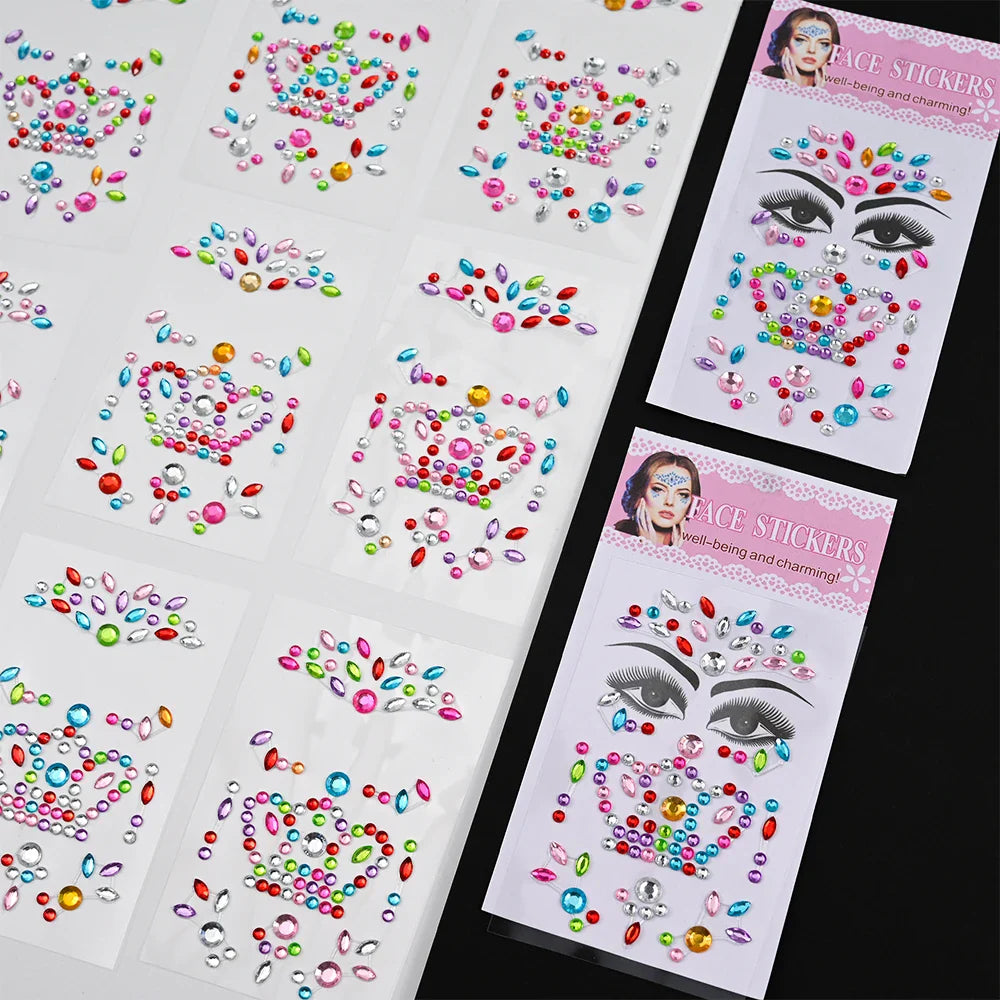 12Pcs 3D Stickers On The Face Rhinestone Makeup Bright Face Art Sticker Girl's Temporary Tattoo Rhinestone For Strasse Makeup &* (Online Order Only)