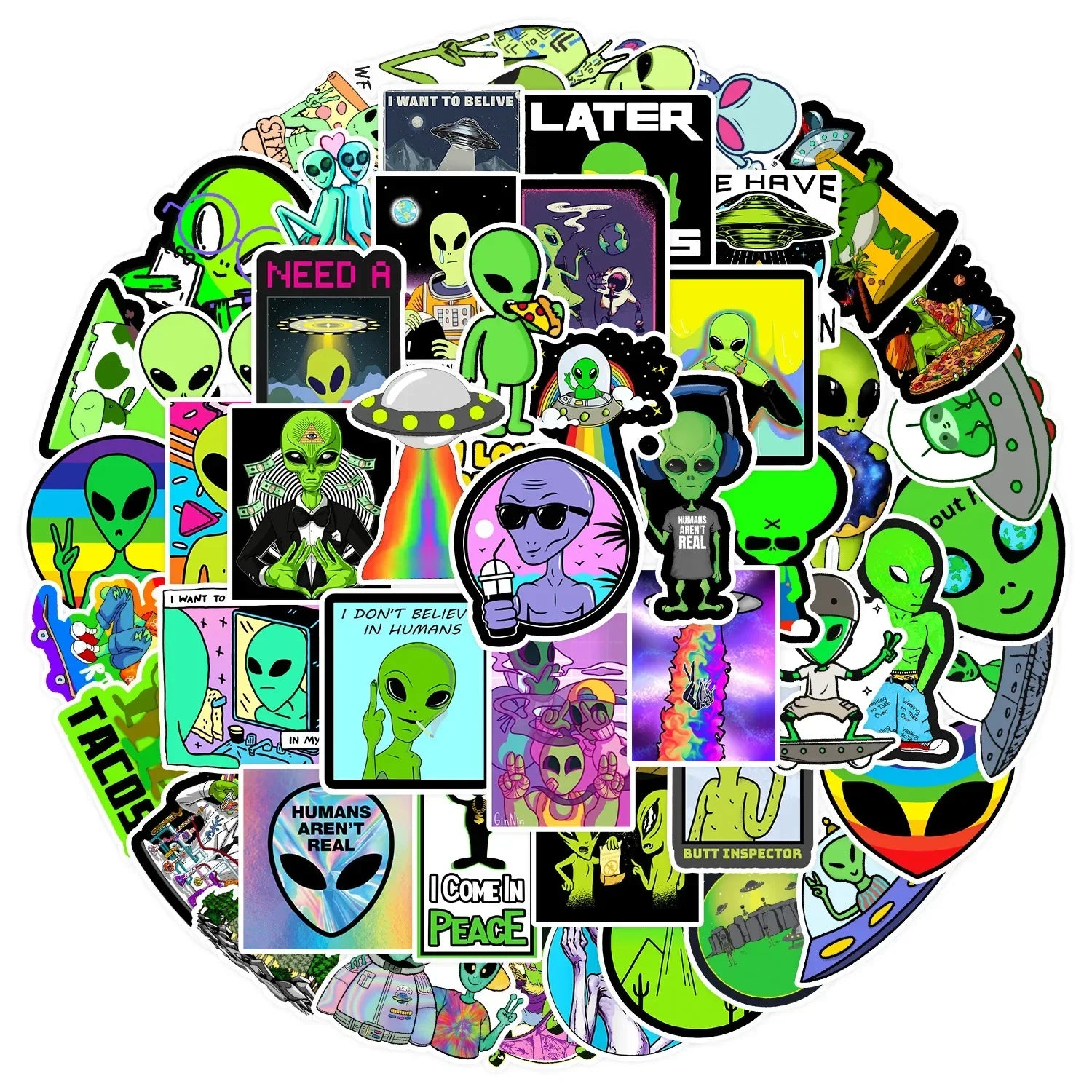 Cartoon Alien Stickers for Luggage, Notebook, Guitar, Laptop, Phone, Water Bottle (10/25/50pcs) (Online Order Only)