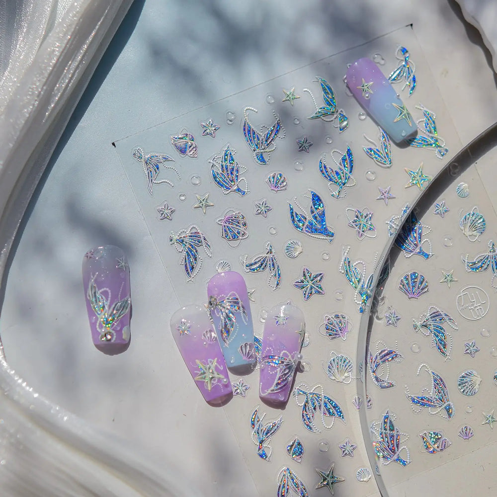 Romantic Mermaid Tail Water Bubbles Seahorse Shell Starfish Coral Pearl Pendant Self Adhesive Nail Art Stickers Manicure Decals (Online Order Only)