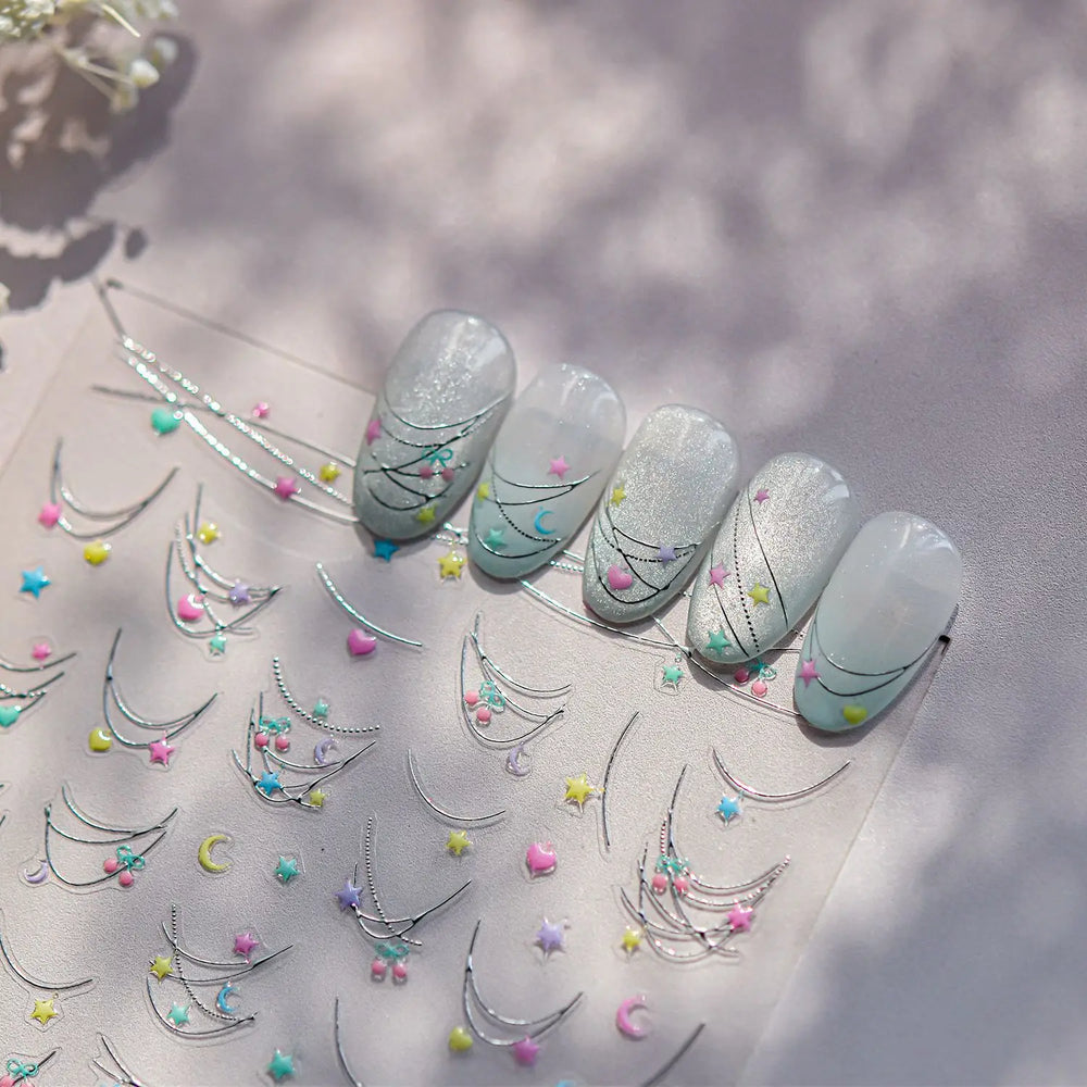 Colourful Star Moon Curved Line Arc Necklace Love Heart Hanging in The Air Starry Night Adhesive Nail Art Sticker Manicure Decal (Online Order Only)