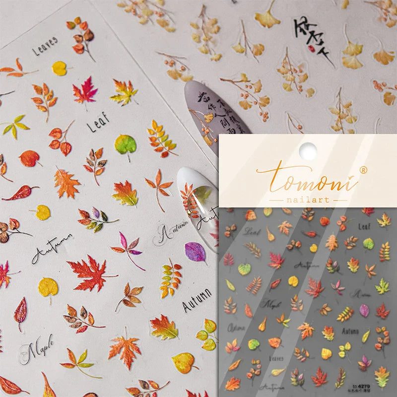 Autumn Fall Maple Leaves Ginkgo Leaf Osmanthus Chrysanthemums Rabbit Bunny Plant Flower Relief Nail Art Sticker Decoration Decal (ONLINE ORDER ONLY)
