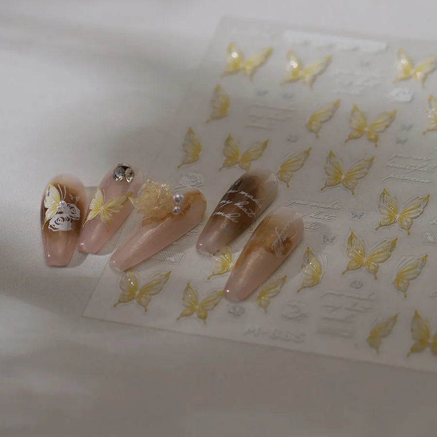 Yellow Butterfly Rose Flower Lace Gradual Wing Charming Romantic Jelly Camellia Self Adhesive Nail Art Stickers Manicure Decals (Online Order Only)