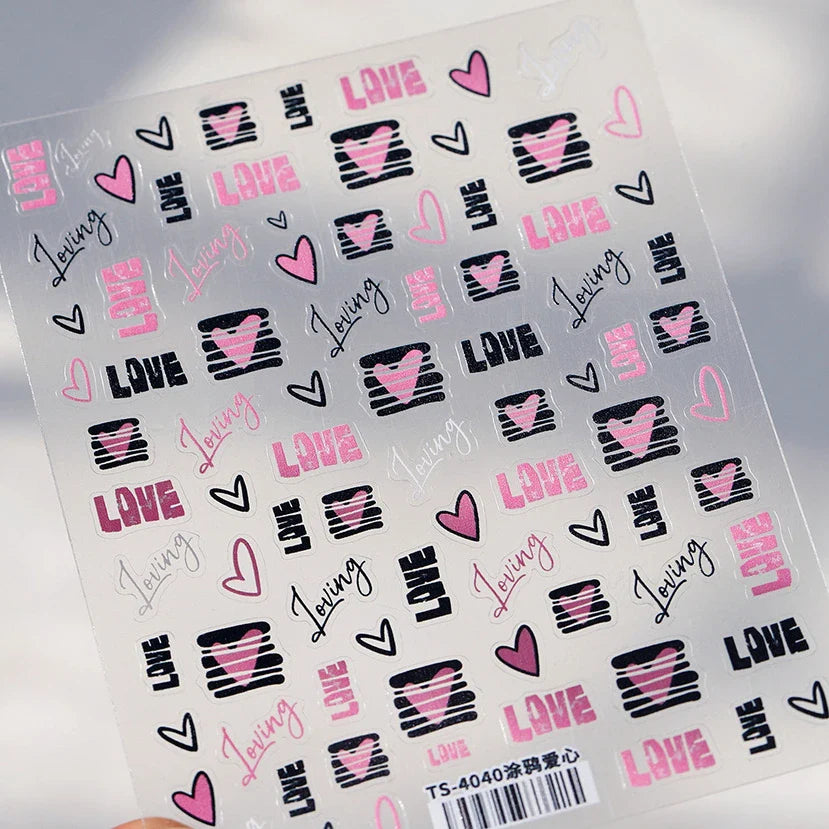 Graffiti Line Love Heart Cool Personal Hollow Out English Letter Y2k Self Adhesive Nail Art Decorations Sticker Manicure Decals (ONLINE ORDER ONLY)