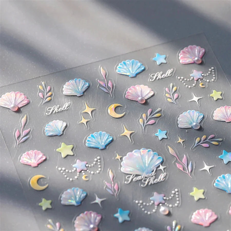 Romantic Pink Blue Shell Sea Grass Star Moon Summer Self Adhesive Nail Art Stickers Leaves Reliefs Manicure Decals Wholesale (ONLINE ORDER ONLY)