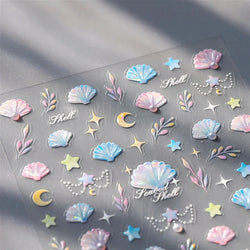 Romantic Pink Blue Shell Sea Grass Star Moon Summer Self Adhesive Nail Art Stickers Leaves Reliefs Manicure Decals Wholesale (ONLINE ORDER ONLY)