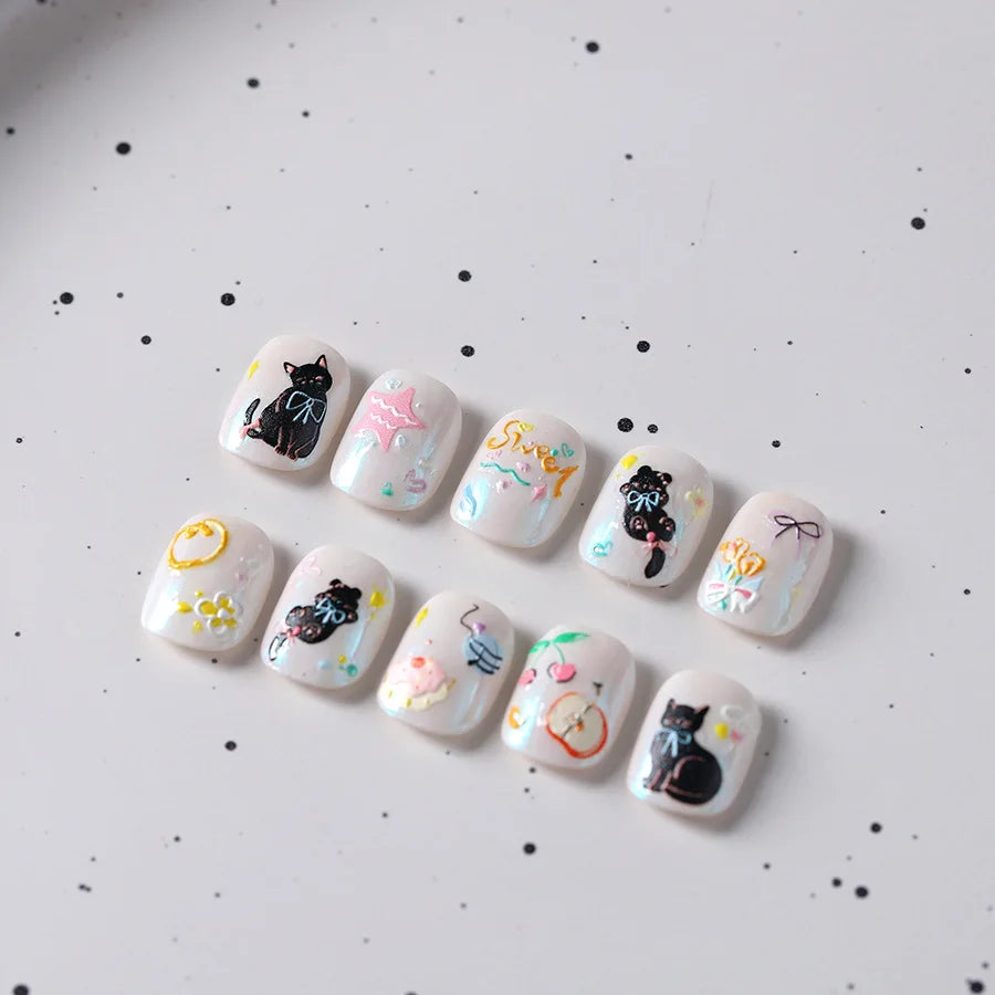 Cat Kitten Mewing Flower Star Bowknot Sweet Cherry Cake Food Line Sun Apple Heart Self Adhesive Nail Art Stickers Manicure Decal (Online Order Only)