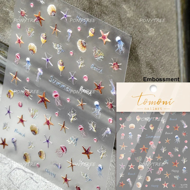 Pink Star Oceanic Shell Starfish Conch Bowknot Embossment Shiny Delicate 5D Chic Self Adhesive Nail Art Stickers Manicure Decals (Online Order Only)