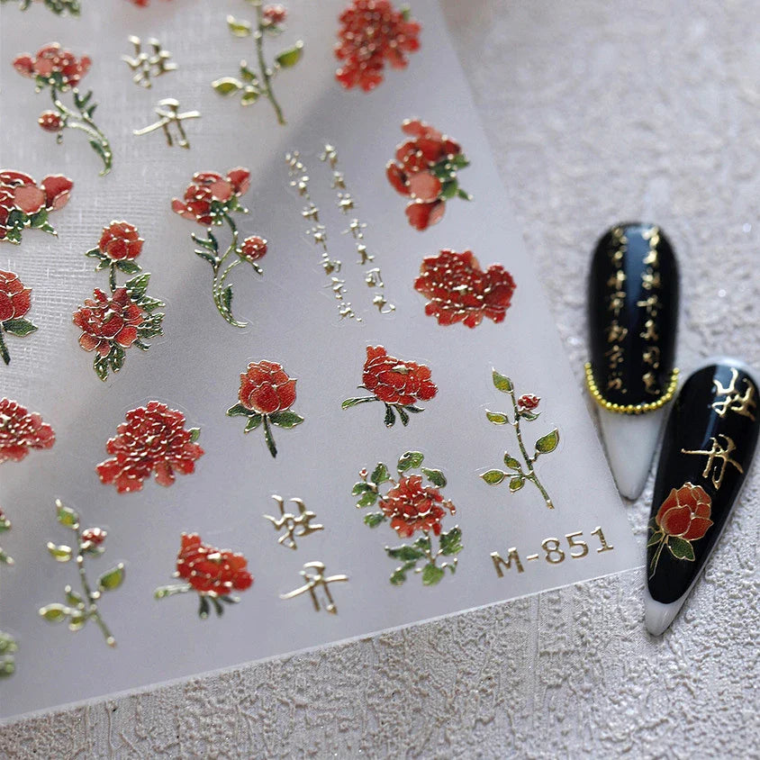 Retro Chinese Characters Charming Rich Peony Delicate Rose Flowers Soft Relief Adhesive Nail Art Stickers Chic Manicure Decals (ONLINE ORDER ONLY)