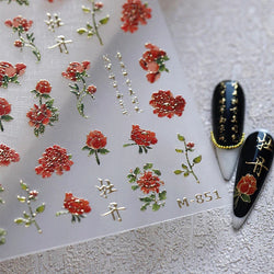 Retro Chinese Characters Charming Rich Peony Delicate Rose Flowers Soft Relief Adhesive Nail Art Stickers Chic Manicure Decals (ONLINE ORDER ONLY)