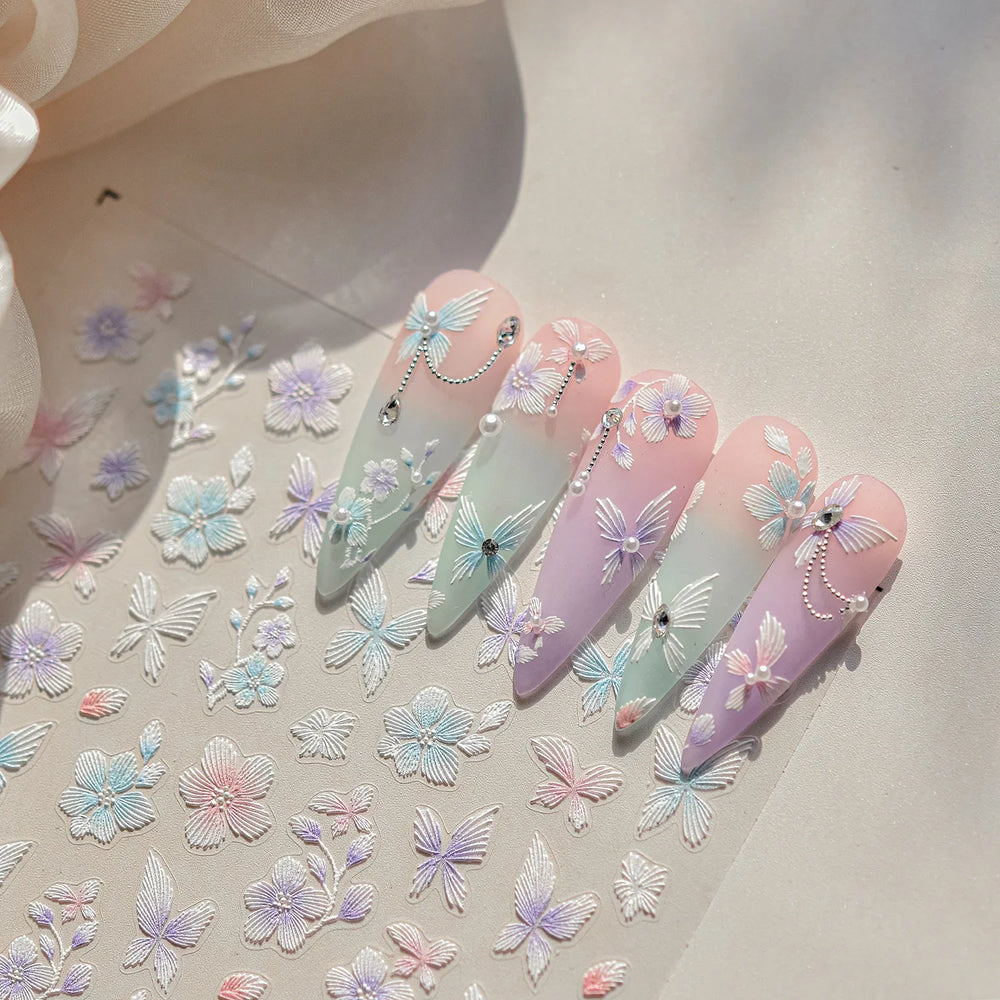 Embroidered Butterfly Flower Colourful Gradient Morning Glory Leaves Self Adhesive Nail Art Stickers Rhinestone Manicure Decals (ONLINE ORDER ONLY)