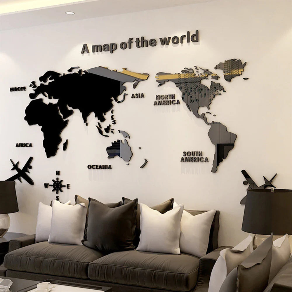 World Map Wall  3D Acrylic Wall Stickers Three-dimensional Mirror Stickers Bedroom Office Background Wall Decoration Stickers (ONLINE ORDER ONLY)