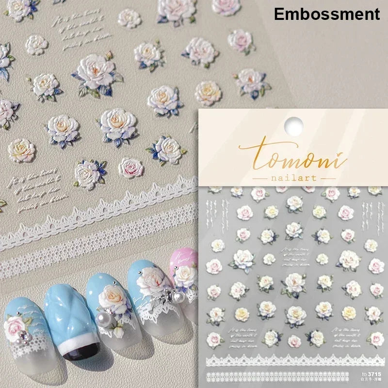 Chic Retro Rose Photo Frame Dried Flower Petal Self Adhesive Nail Art Stickers 5D Hot Stamping Relief Rhinestone Manicure Decals (Online Order Only)