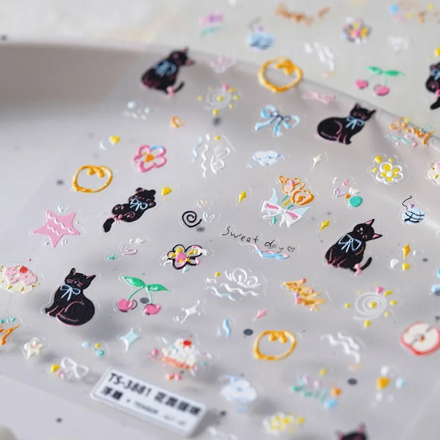 Cat Kitten Mewing Flower Star Bowknot Sweet Cherry Cake Food Line Sun Apple Heart Self Adhesive Nail Art Stickers Manicure Decal (Online Order Only)