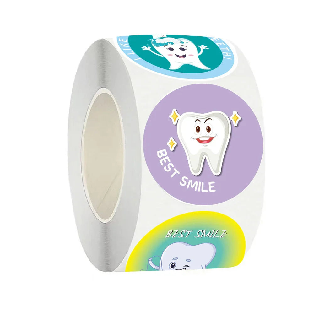 500pcs Cute Cartoon Dental Tooth Shaped Stickers Roll Teeth Health Graffiti Decal Toy DIY Scrapbook Phone Car Waterproof Sticker (Online Order Only)