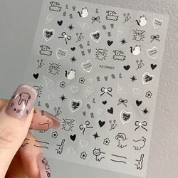 1Pc 3D Cute Black Silver Smile Dog Decals Y2K Cartoon Cat Footprint Nail Stickers Graffiti Star Heart DIY Manicure Slider Decor* (ONLINE ORDER ONLY)