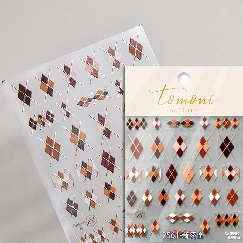 Geometric French Style Colorful Square Grid Rhombus Line Stripe Bowknot 3D Self Adhesive Nail Art Stickers Shiny Manicure Decals (ONLINE ORDER ONLY)