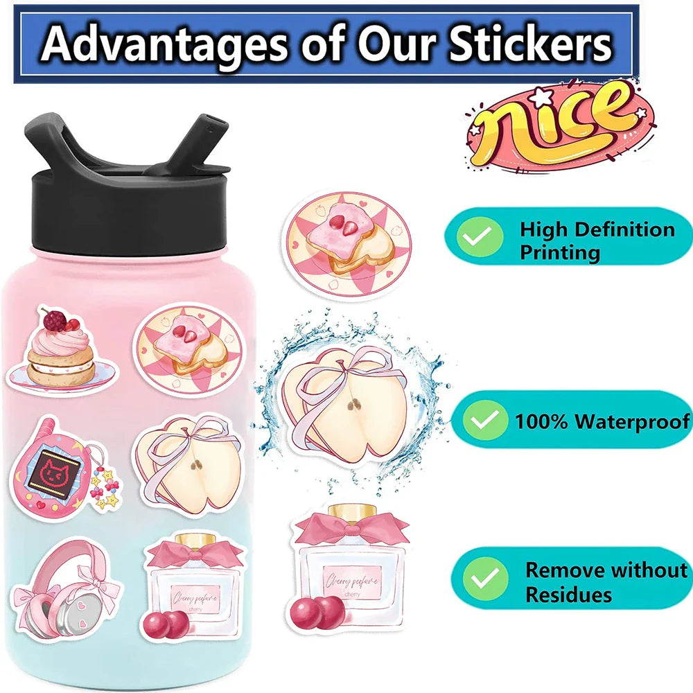 50Pcs Kawaii Cartoon Pink Stickers Cute Aesthetics DIY Toy Gift Graffiti Waterproof Decal for Phone Luggage Laptop Scrapbook (ONLINE ORDER ONLY)