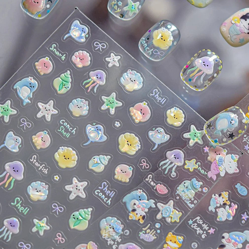Colourful Ray Jellyfish Otter Cat Mermaid Octopus Starfish Bubbles Conch Shell Bowknot Summer Marine Nail Art Stickers Decals (ONLINE ORDER ONLY)