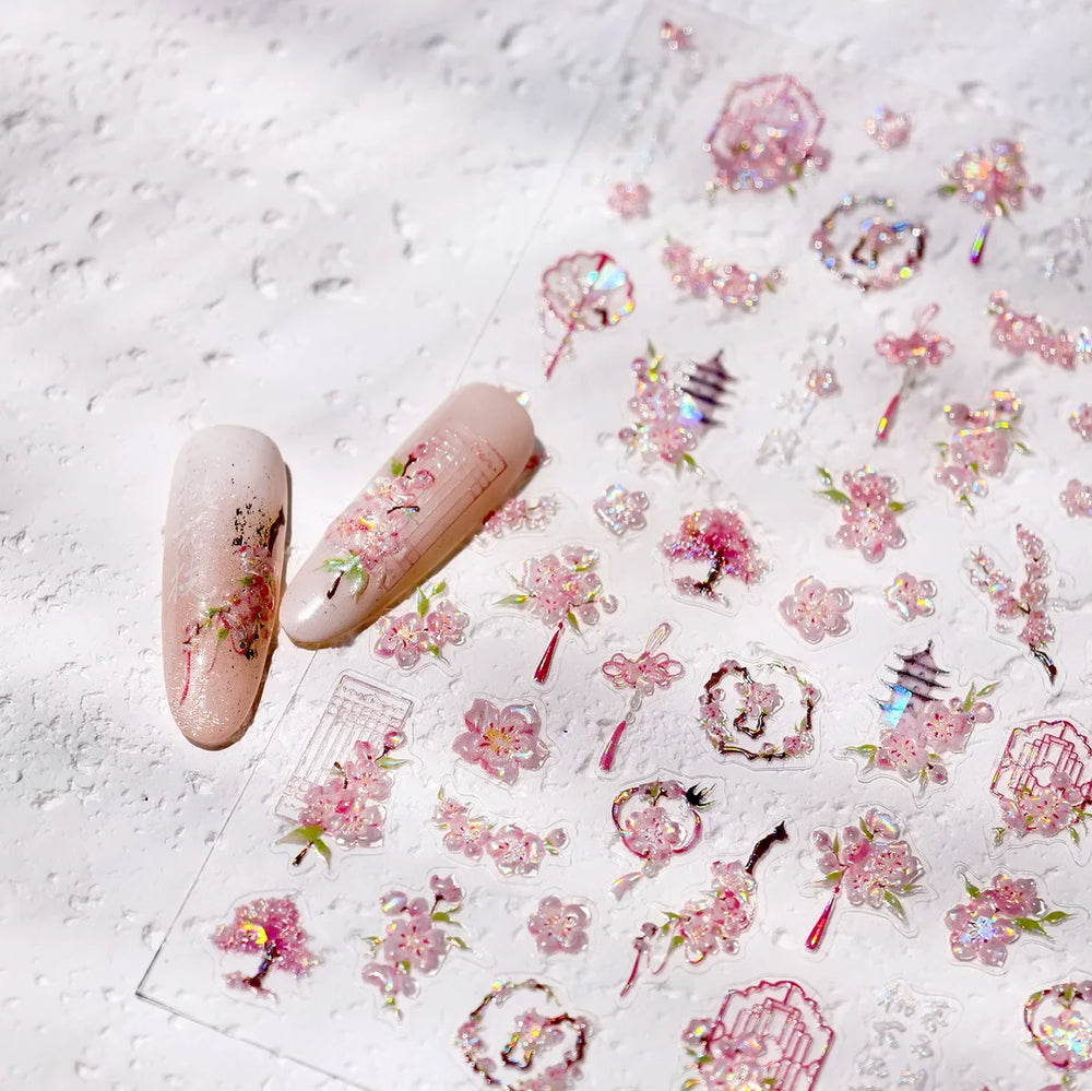 Romantic Pink Peach Blossom Tower Circular Fan Hollowed Window Tassel Pendant Antique Tree Chic Nail Art Stickers Manicure Decal (ONLINE ORDER ONLY)