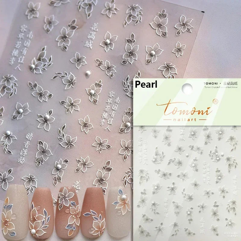 Gradient Coloredful Flower Petal Green Leaf Dreamy Shiny Chinese Rose Fantasy Relief Adhesive Nail Art Stickers Manicure Decals (Online Order Only)