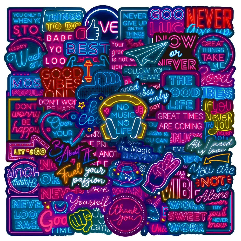 Neon Inspirational Stickers - 10/30/50PCS Graffiti Decals for Laptop, Phone, Guitar, Suitcase (ONLINE ORDER ONLY)
